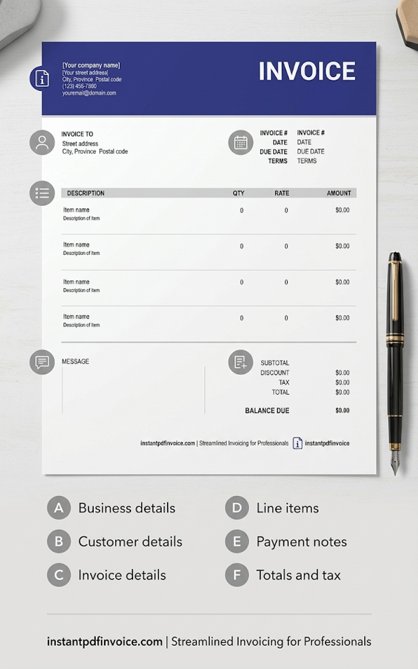 Canadian invoice example showing business details, customer information, and GST/HST fields