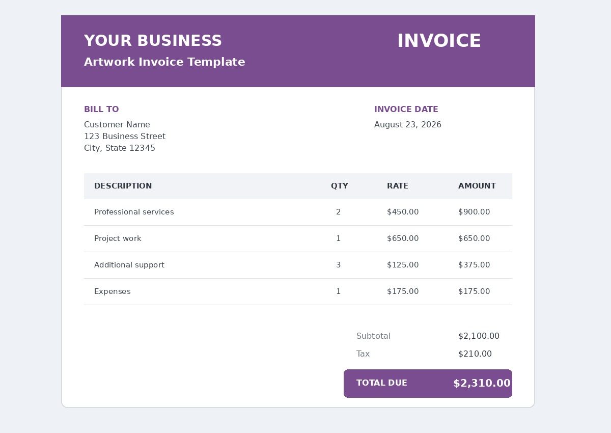 Artwork invoice template for artists, painters, designers, and creative professionals
