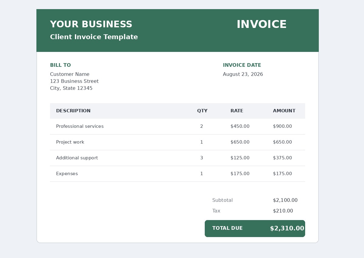Client invoice template - Professional billing for freelancers, consultants, and service providers