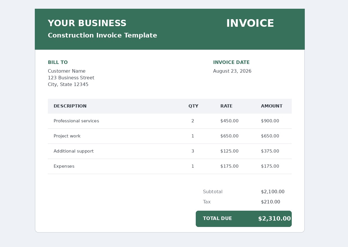 Construction invoice template preview - Free construction and building invoice template for contractors