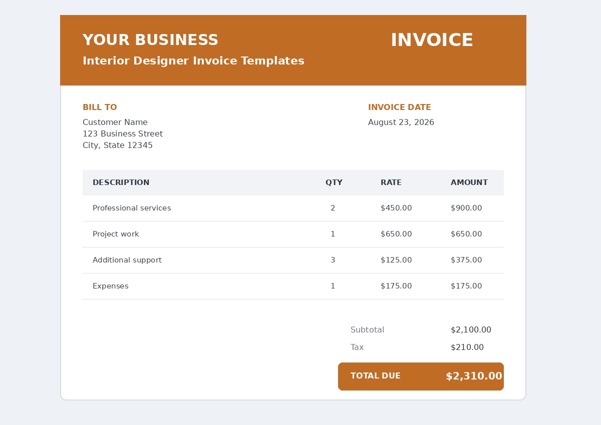 Interior designer invoice template