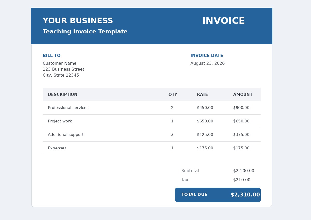 Teaching invoice template - Professional billing for teachers, tutors, and educators