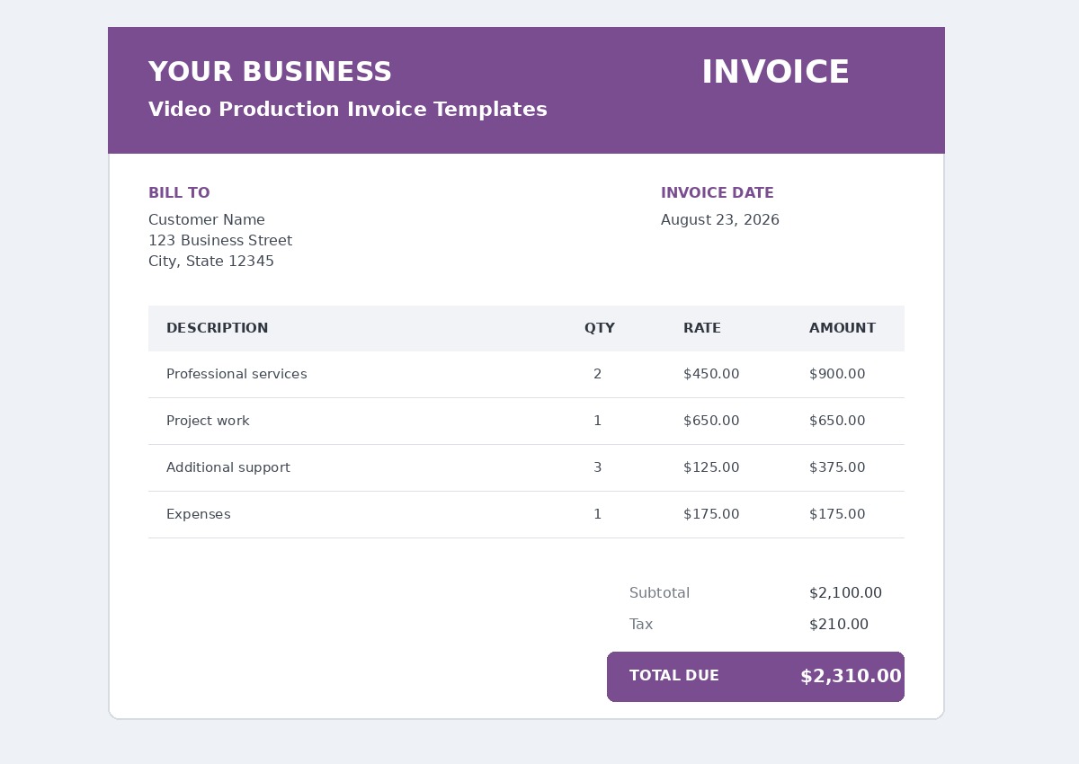 Video production invoice template